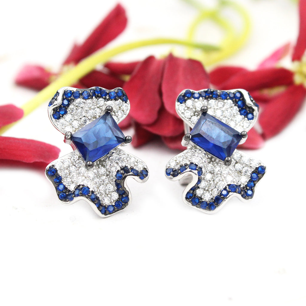 Blue Sapphire Emerald Sterling Silver Stud Earrings, Cluster Design