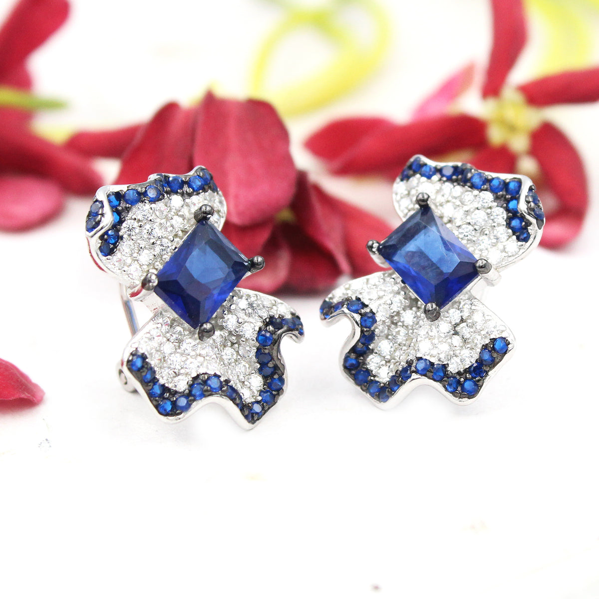 Blue Sapphire Emerald Sterling Silver Stud Earrings, Cluster Design