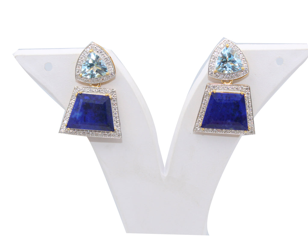 A+ Natural Lapise Lazuli 925 Sterling Silver Drop Earrings, Trillion Topaz, Geometric Jewelry