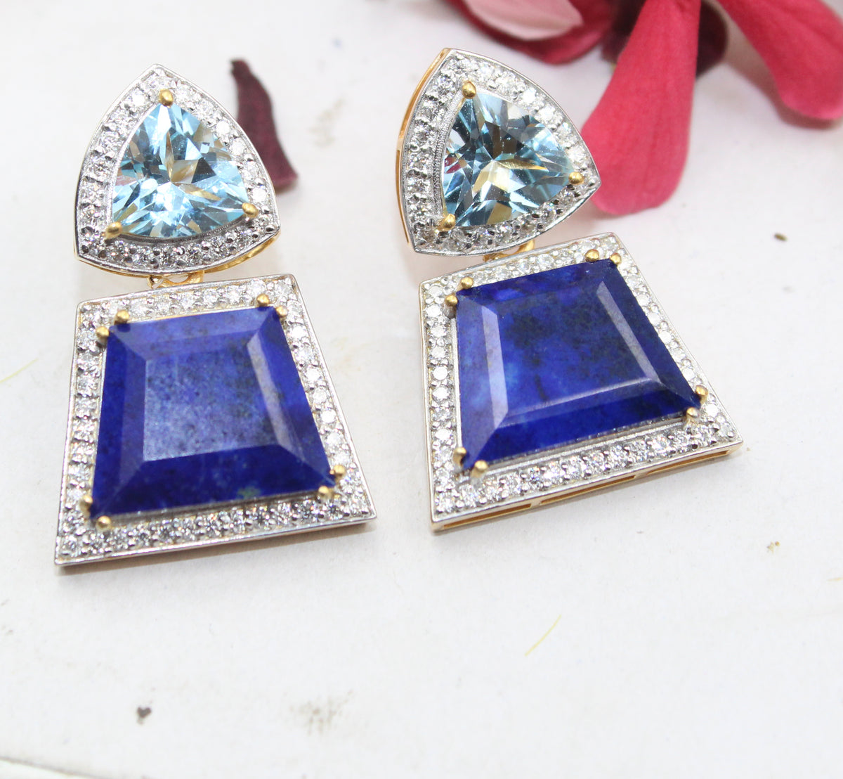 A+ Natural Lapise Lazuli 925 Sterling Silver Drop Earrings, Trillion Topaz, Geometric Jewelry