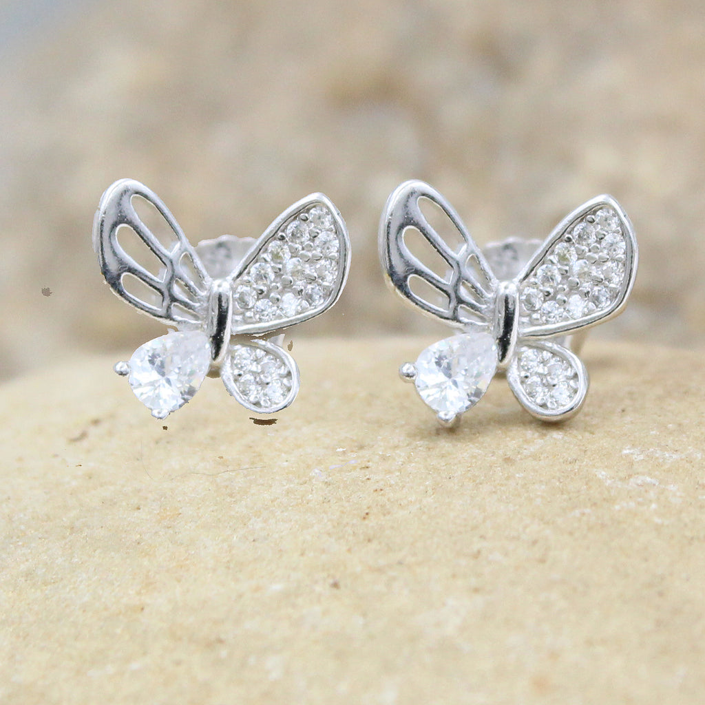 Butterfly shape cz stone 925 sterling silver stud earrings