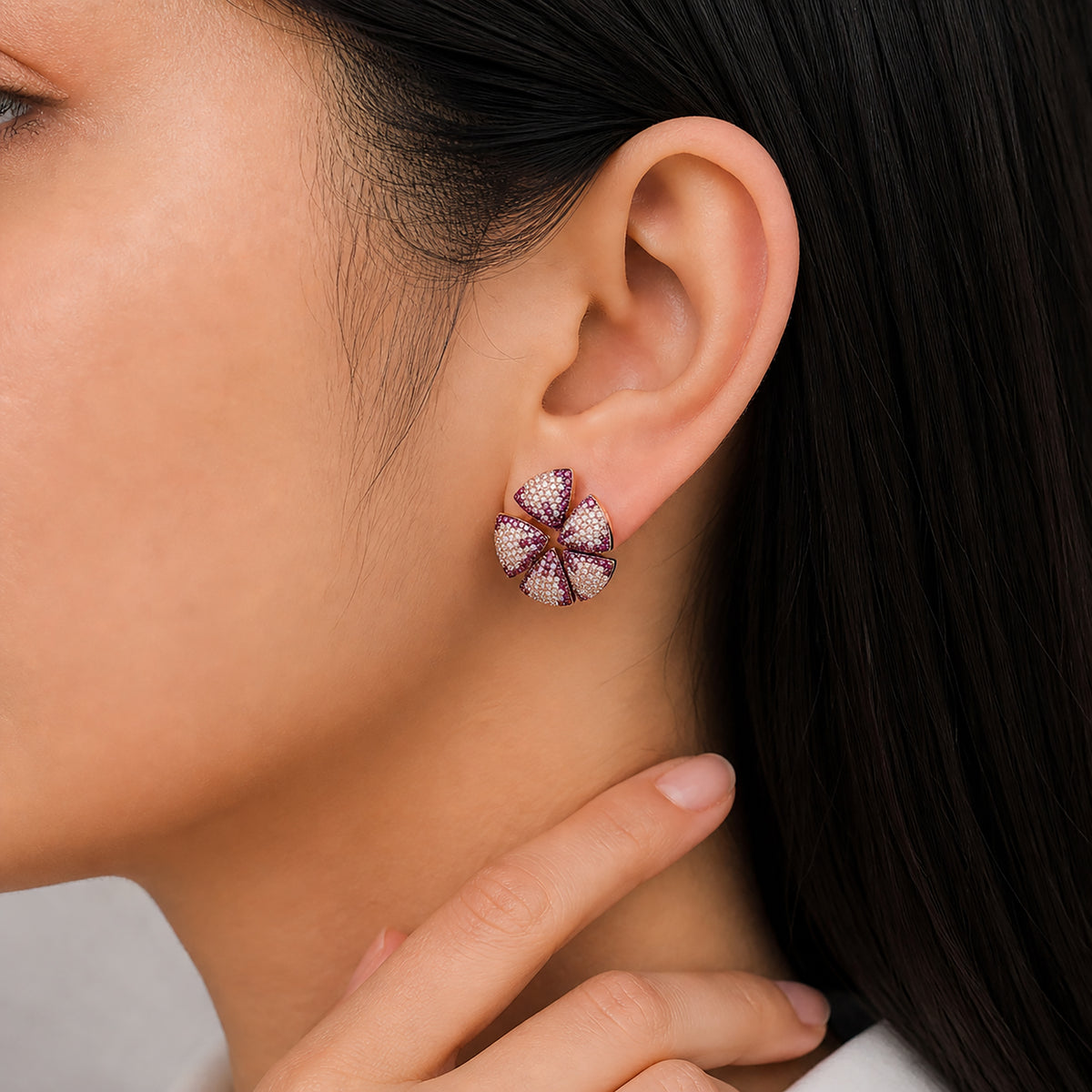 Rose Gold Plated Sterling Silver Flower Stud Earrings, Pink CZ Bridal Jewelry