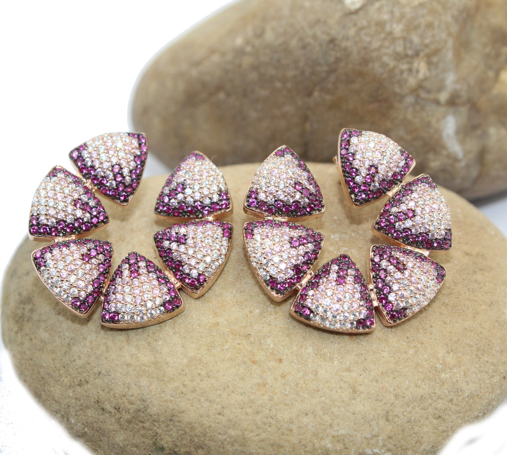 Rose Gold Plated Sterling Silver Flower Stud Earrings, Pink CZ Bridal Jewelry
