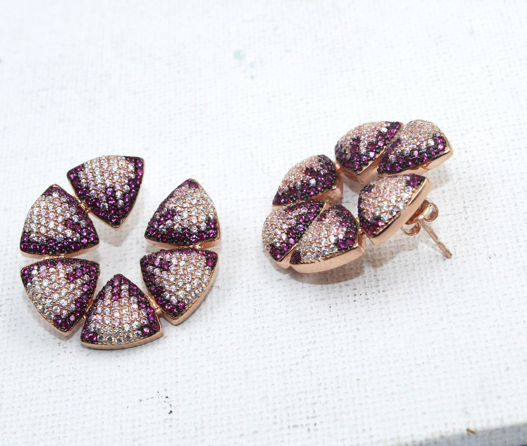 Rose Gold Plated Sterling Silver Flower Stud Earrings, Pink CZ Bridal Jewelry