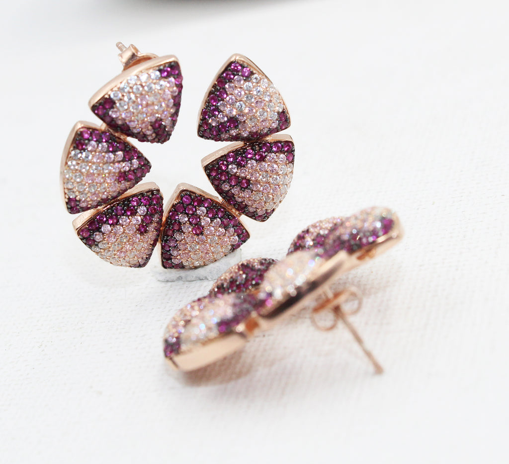 Rose Gold Plated Sterling Silver Flower Stud Earrings, Pink CZ Bridal Jewelry
