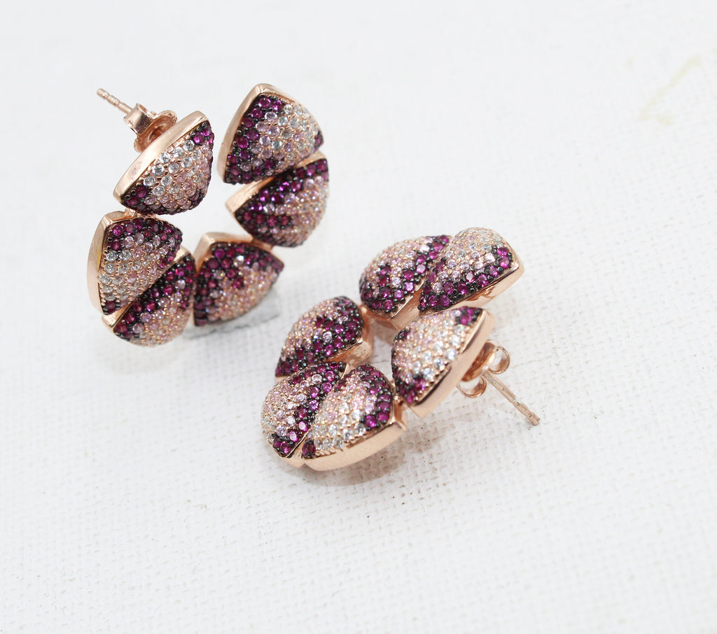 Rose Gold Plated Sterling Silver Flower Stud Earrings, Pink CZ Bridal Jewelry