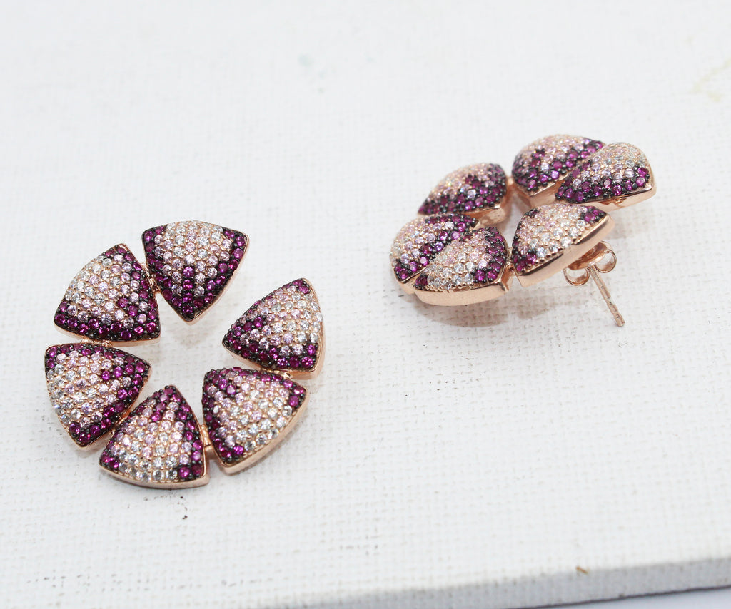 Rose Gold Plated Sterling Silver Flower Stud Earrings, Pink CZ Bridal Jewelry