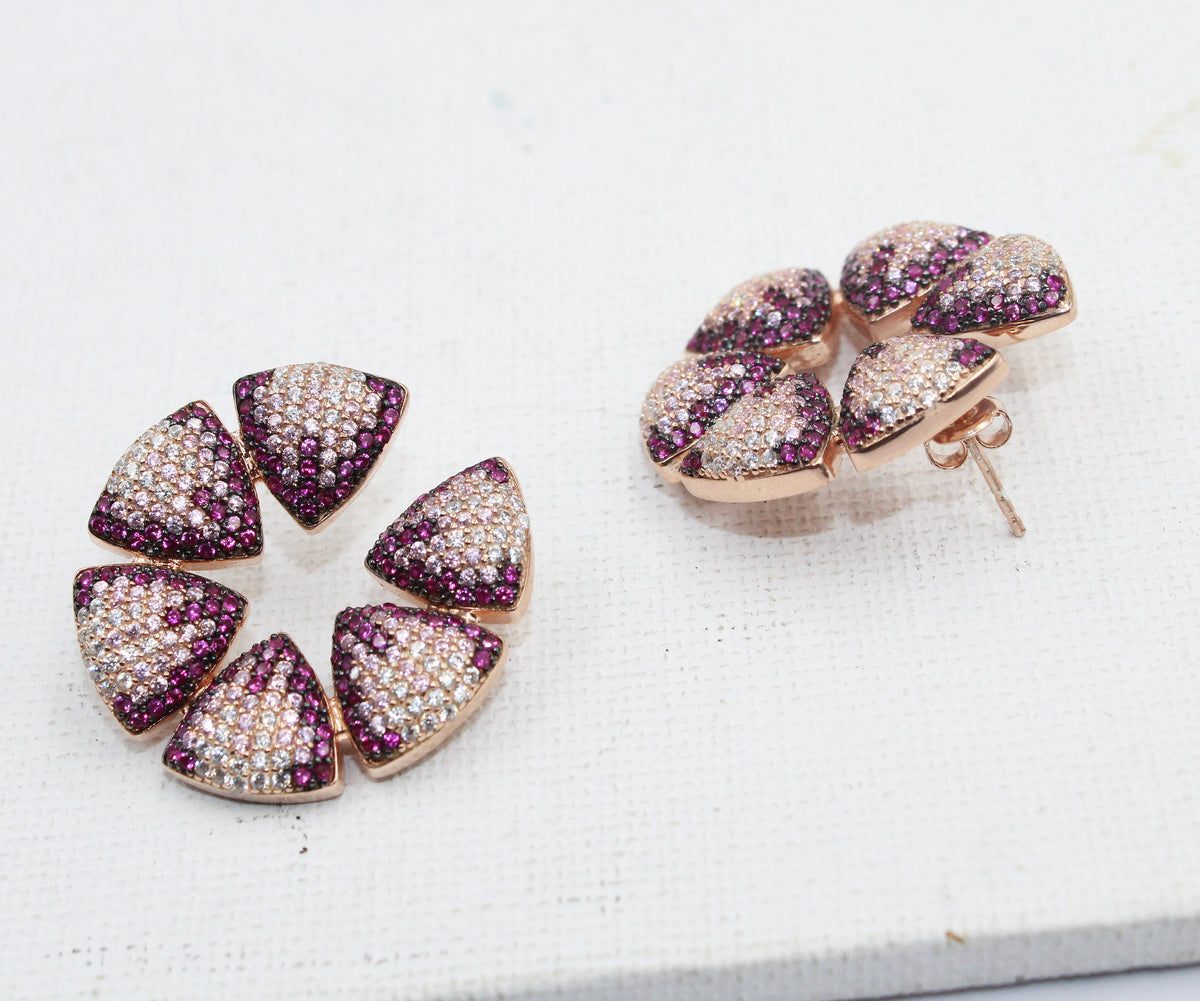 Rose Gold Plated Sterling Silver Flower Stud Earrings, Pink CZ Bridal Jewelry