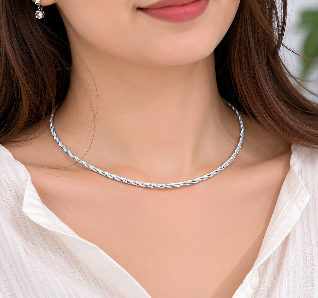 Twisted Sterling Silver Hasli Necklace, Braided Minimalist Collar Jewelry