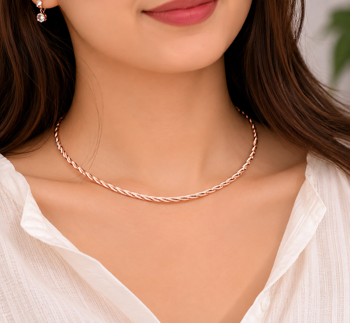 Rose Gold Twisted Hasli Necklace, Braided Sterling Silver Collar Statement Jewelry