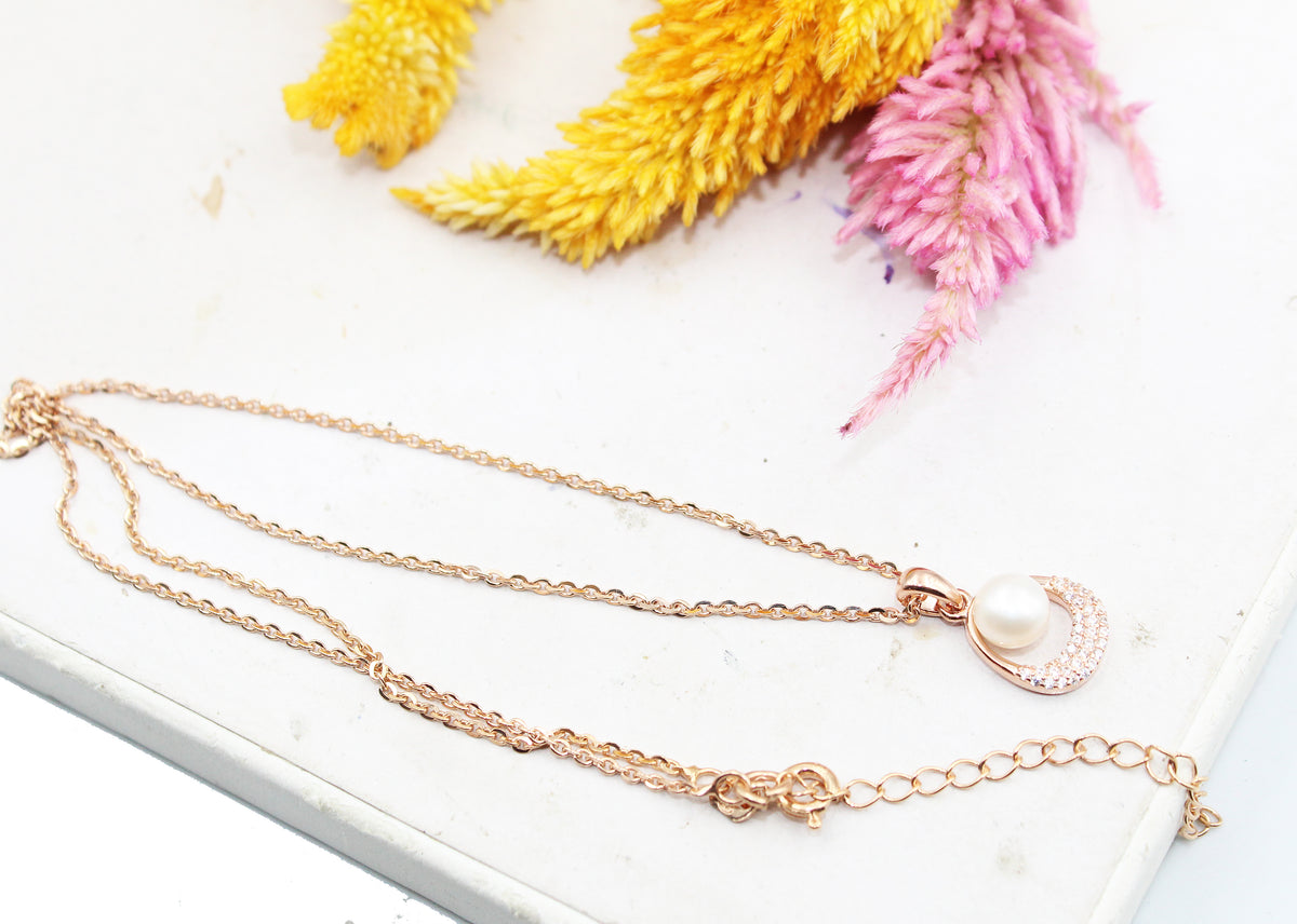 Dainty Freshwater Pearl Necklace, Rose Gold or Sterling Silver Pendant