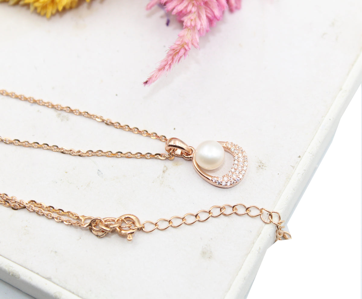 Dainty Freshwater Pearl Necklace, Rose Gold or Sterling Silver Pendant
