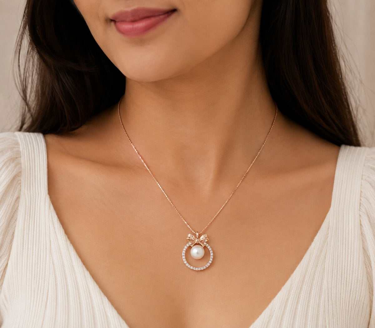 Rose Gold Bow Pearl 925 Sterling Silver Pearl Pendant Necklace