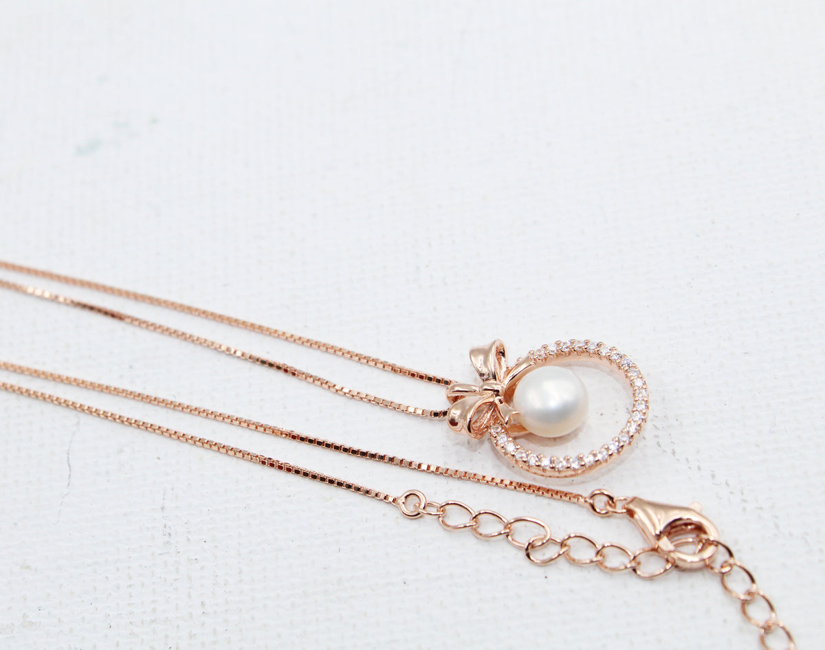 Rose Gold Bow Pearl 925 Sterling Silver Pearl Pendant Necklace