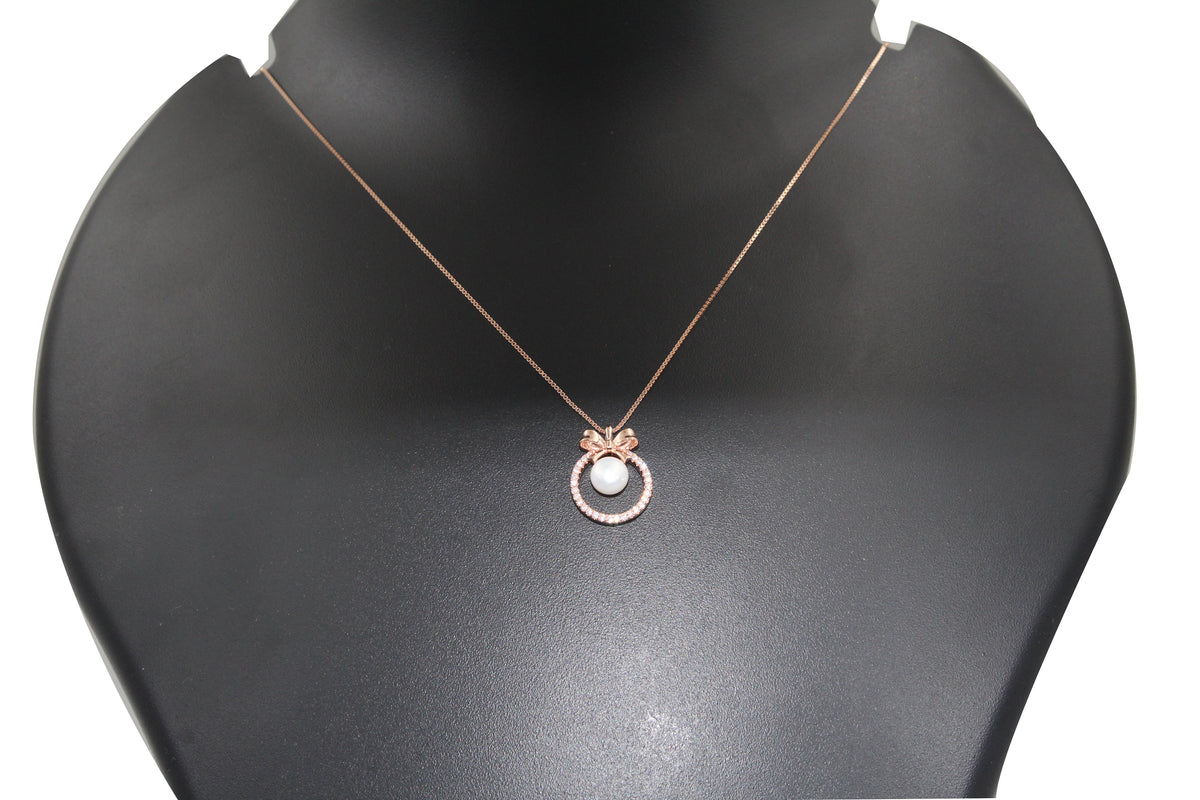 Rose Gold Bow Pearl 925 Sterling Silver Pearl Pendant Necklace