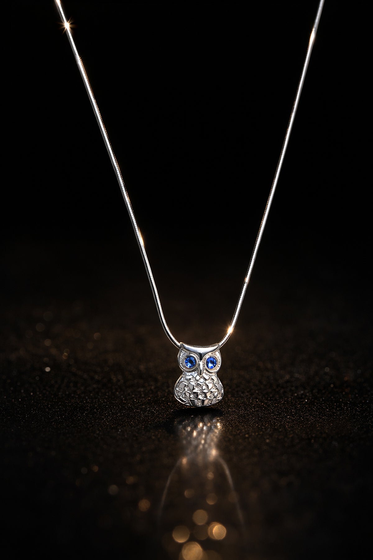 Sterling Silver Owl Pendant Necklace, Minimalist Animal Jewelry, Crystal Eyes