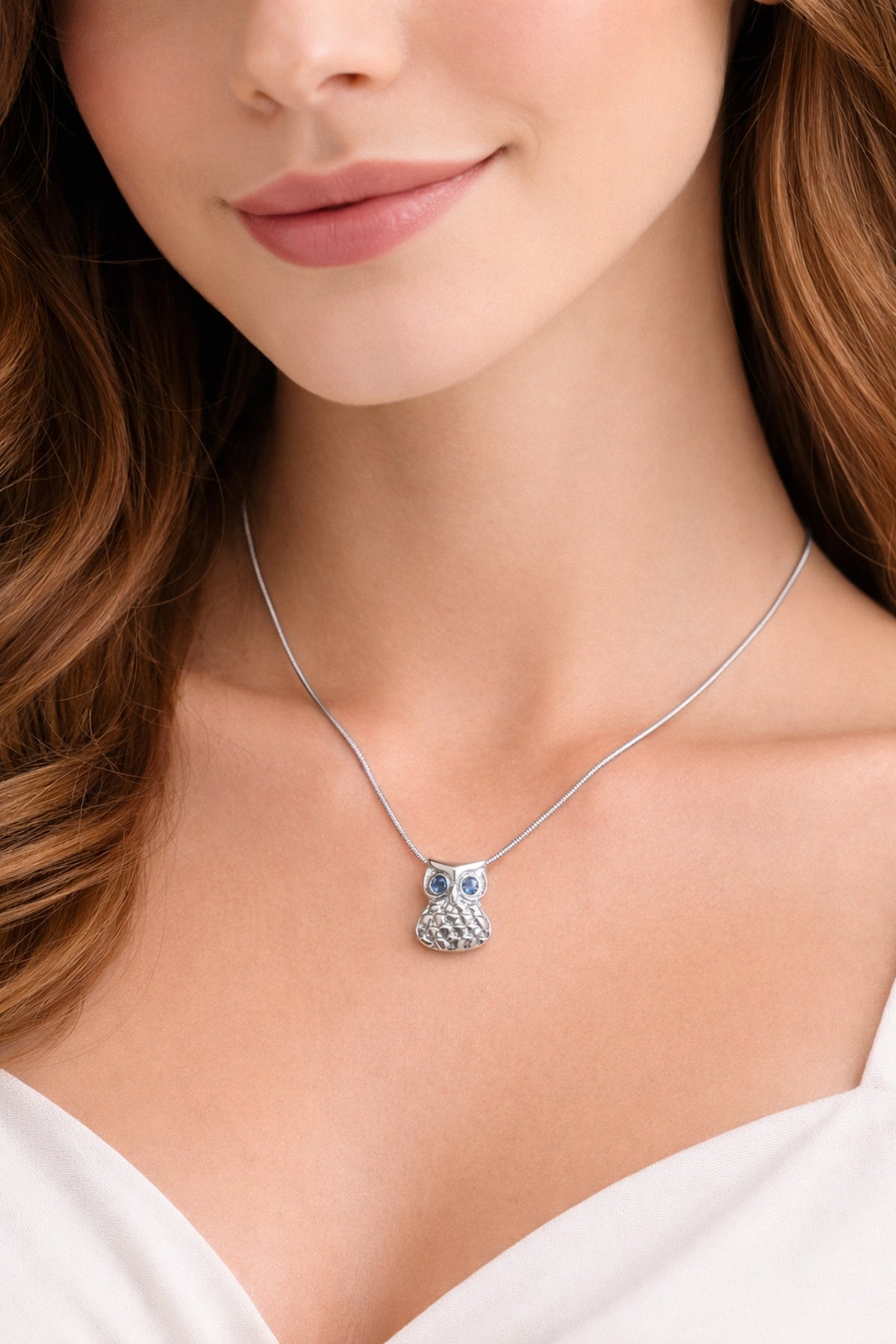 Sterling Silver Owl Pendant Necklace, Minimalist Animal Jewelry, Crystal Eyes