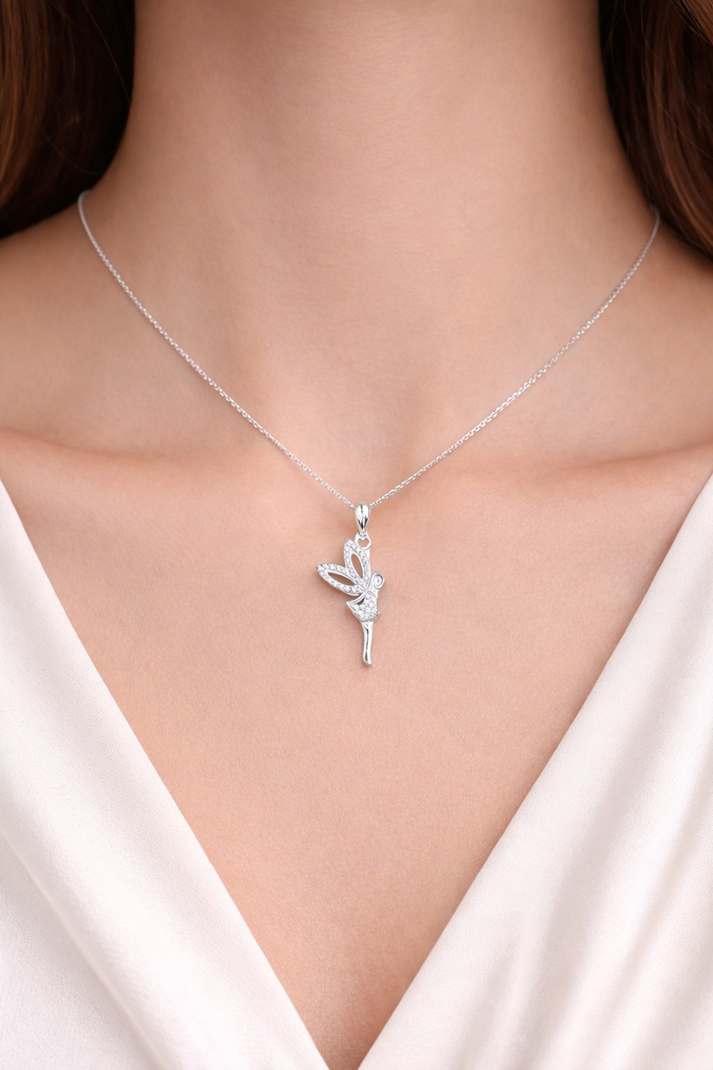 925 Sterling Silver Fairy Pendant Necklace, Cubic Zirconia Charm