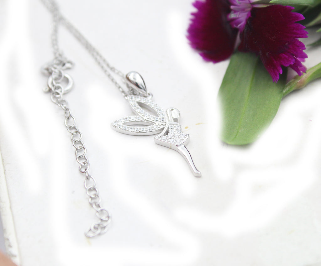 925 Sterling Silver Fairy Pendant Necklace, Cubic Zirconia Charm