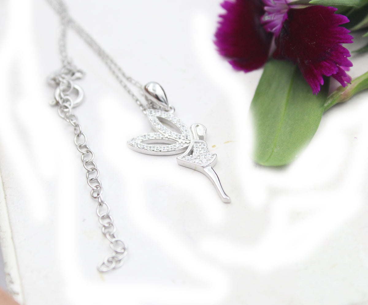925 Sterling Silver Fairy Pendant Necklace, Cubic Zirconia Charm