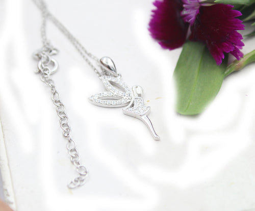 925 Sterling Silver Fairy Pendant Necklace, Cubic Zirconia Charm