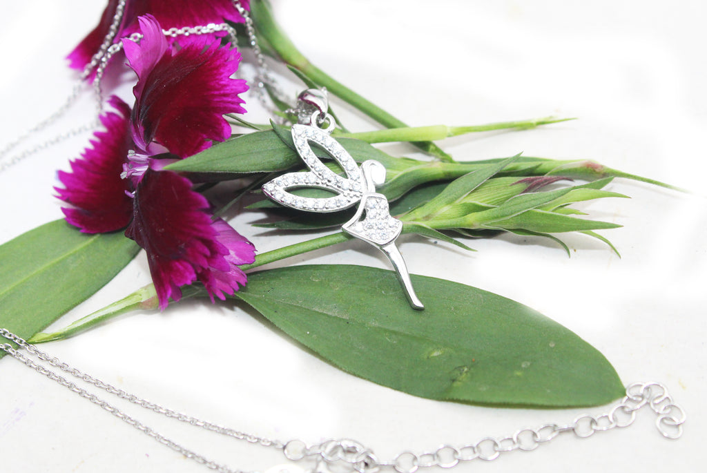 925 Sterling Silver Fairy Pendant Necklace, Cubic Zirconia Charm