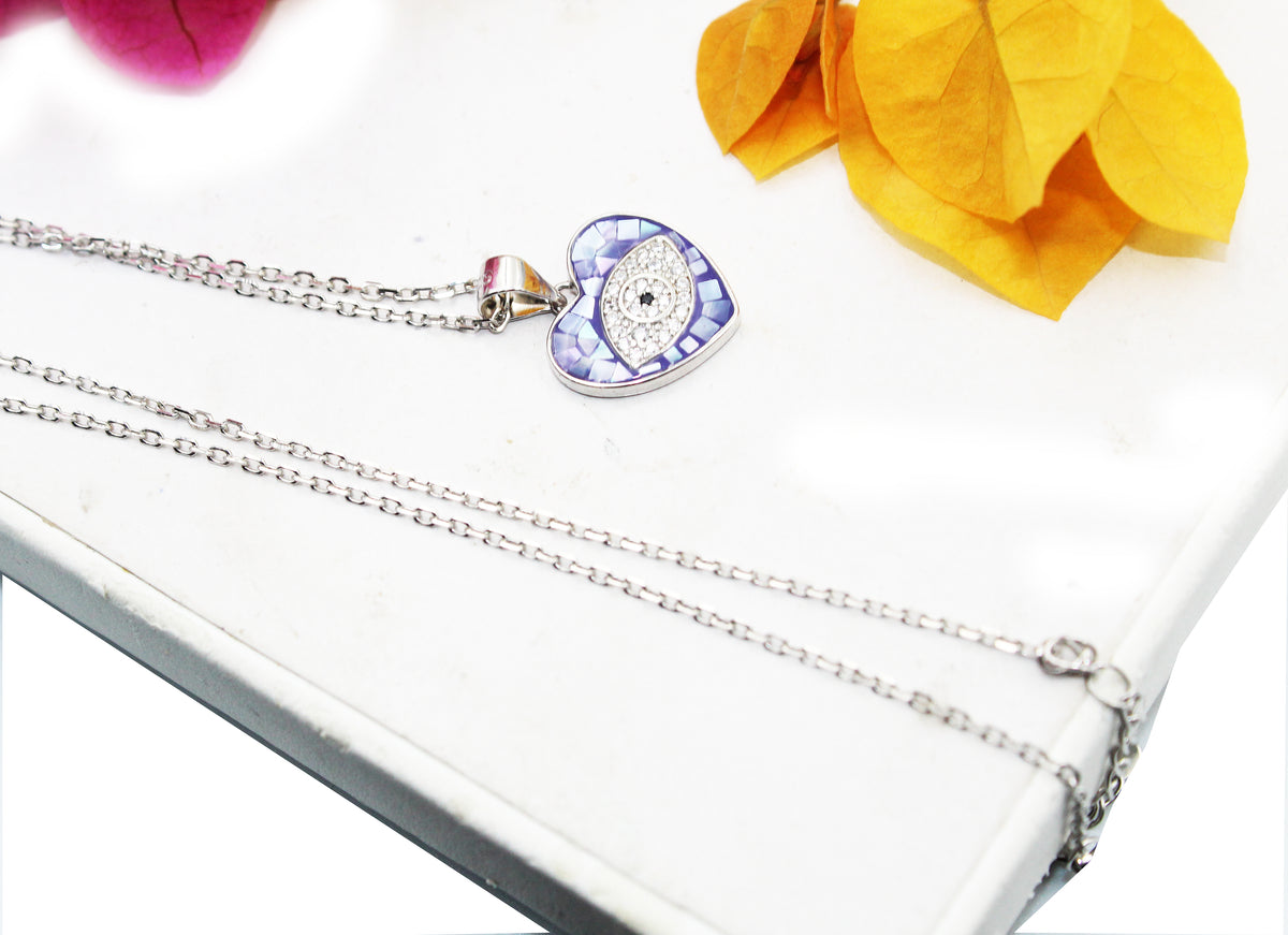 Blue Evil Eye Heart  925 Sterling Silver Enamel Heart Pendant
