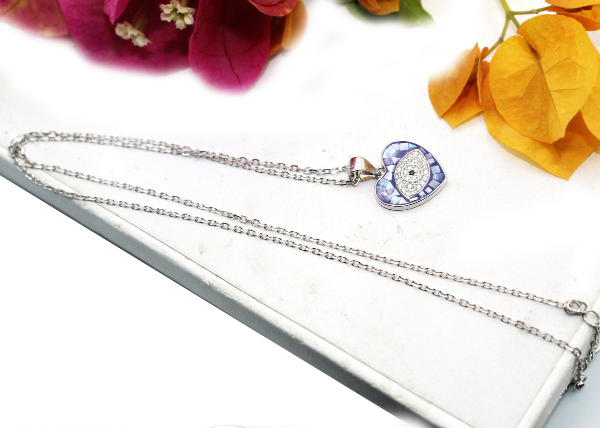 Blue Evil Eye Heart  925 Sterling Silver Enamel Heart Pendant
