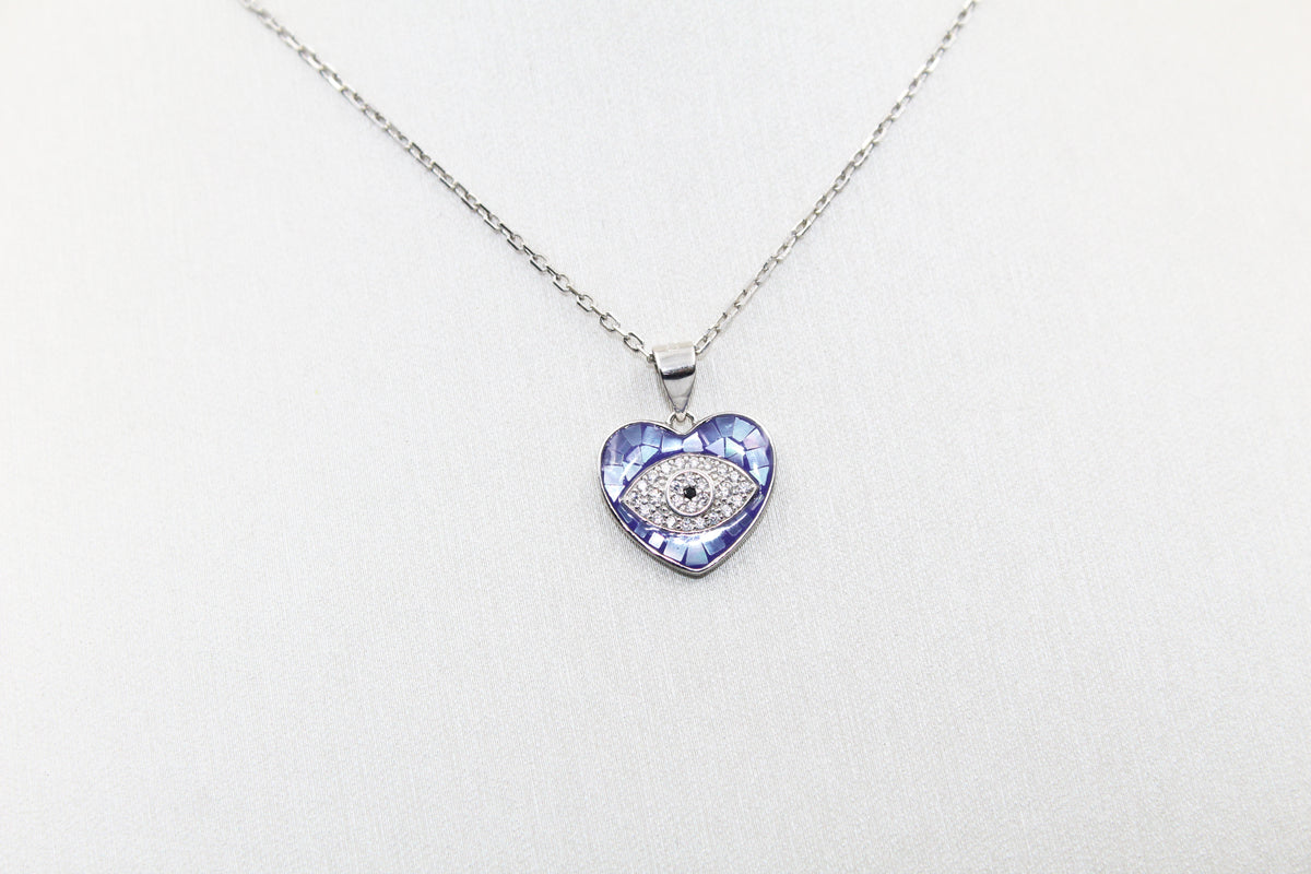 Blue Evil Eye Heart  925 Sterling Silver Enamel Heart Pendant