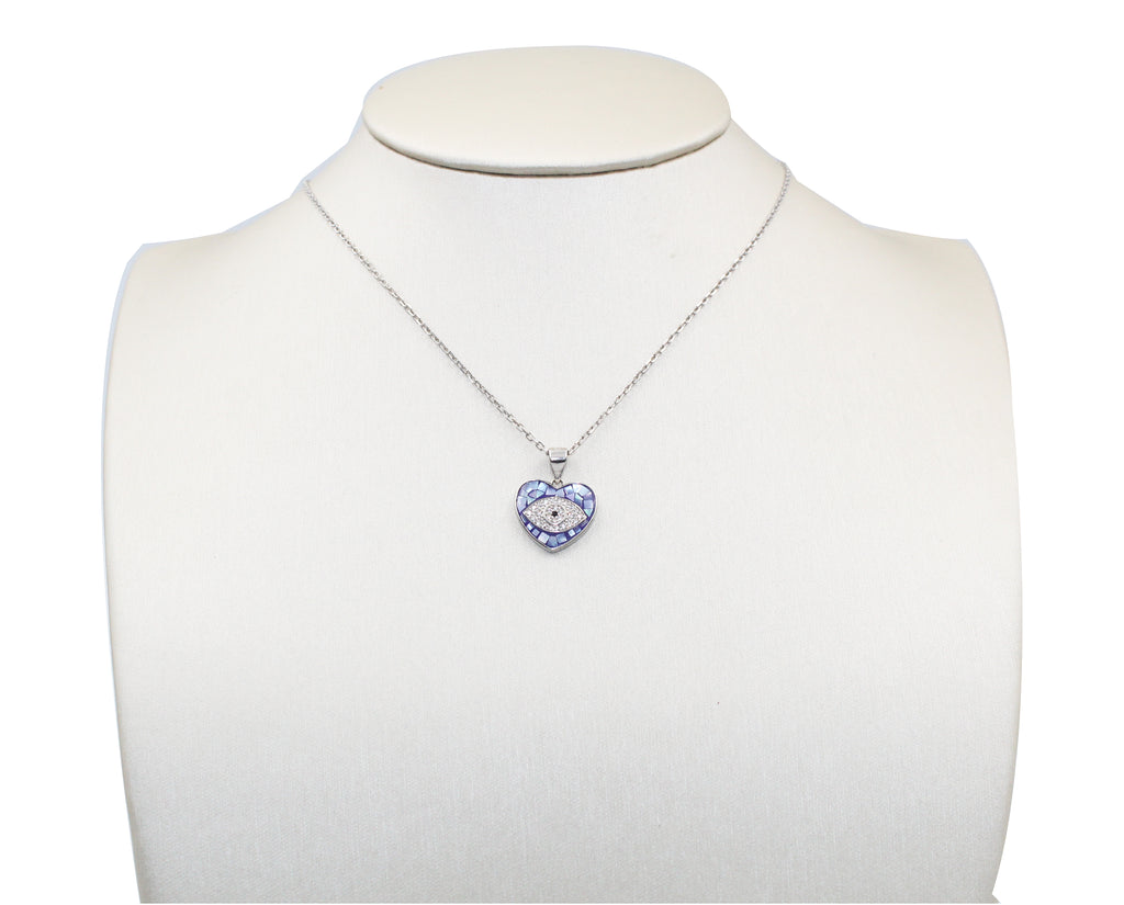 Blue Evil Eye Heart  925 Sterling Silver Enamel Heart Pendant