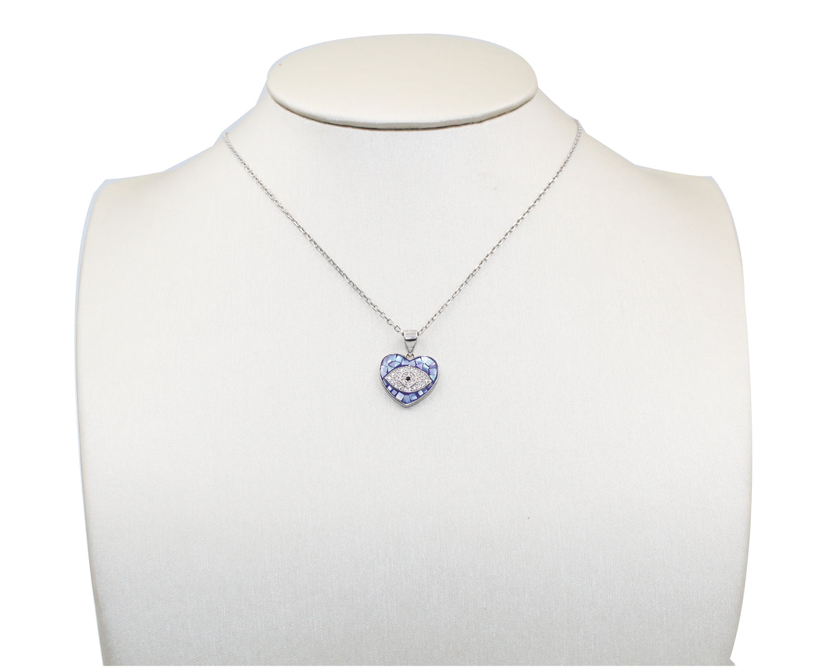 Blue Evil Eye Heart  925 Sterling Silver Enamel Heart Pendant