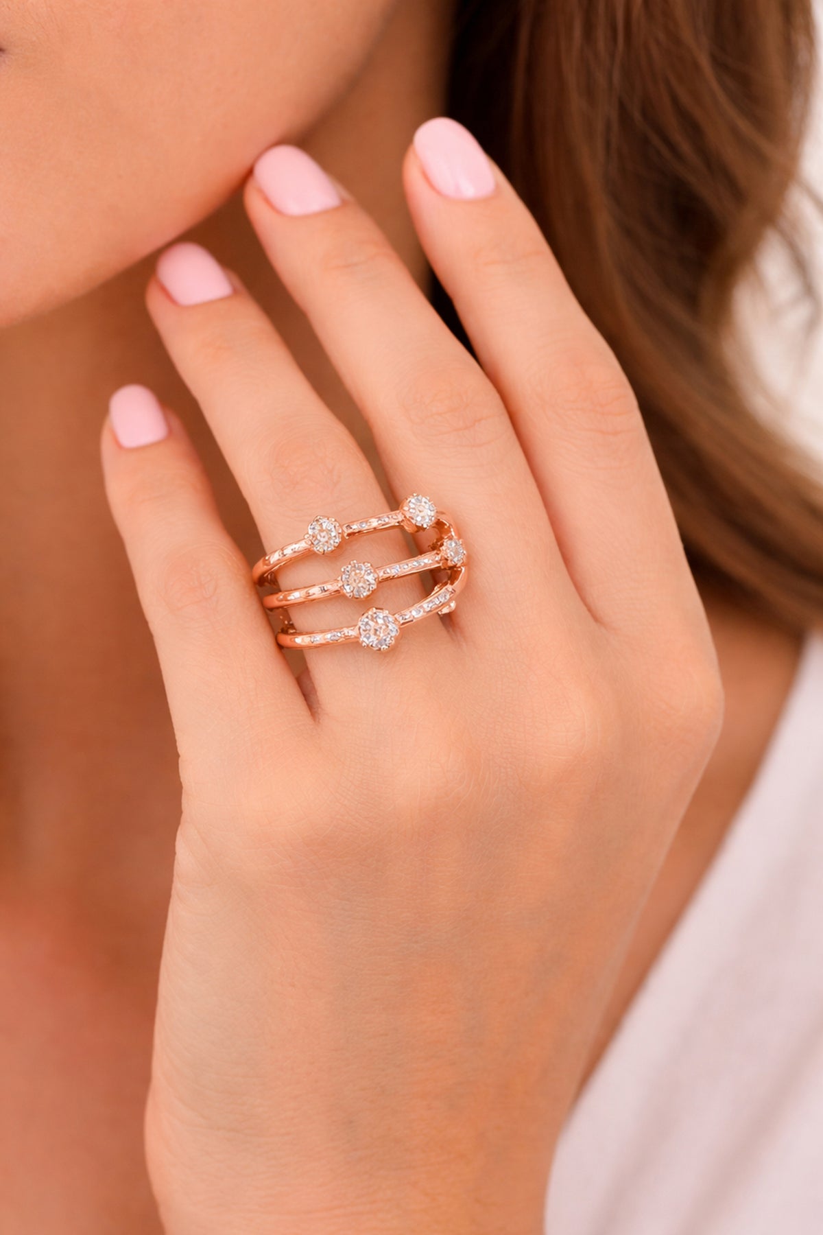 925 Sterling Silver Triple Band Ring, Cubic Zirconia Pave, Modern Statement Open Ring