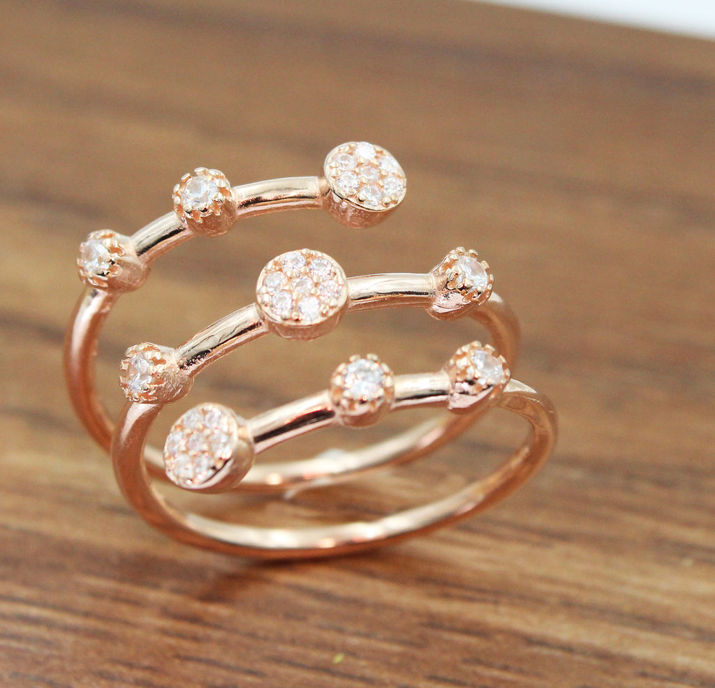 925 Sterling Silver Triple Band Ring, Cubic Zirconia Pave, Modern Statement Open Ring