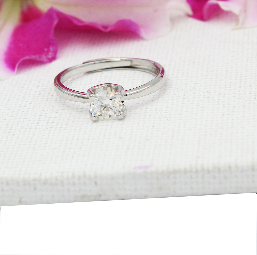 Solitaire Round Cut Diamond Ring, Sterling Silver, Minimalist Bridal Jewelry