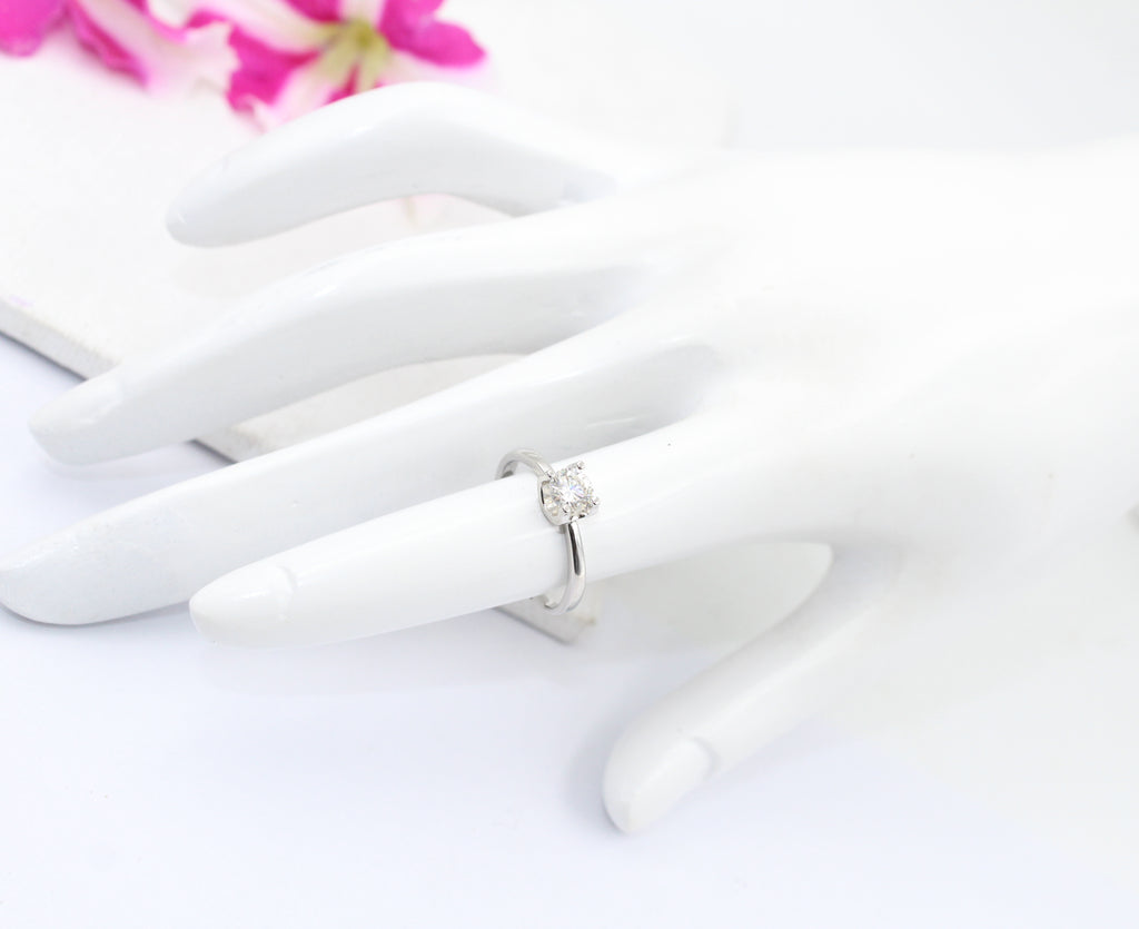 Solitaire Round Cut Diamond Ring, Sterling Silver, Minimalist Bridal Jewelry
