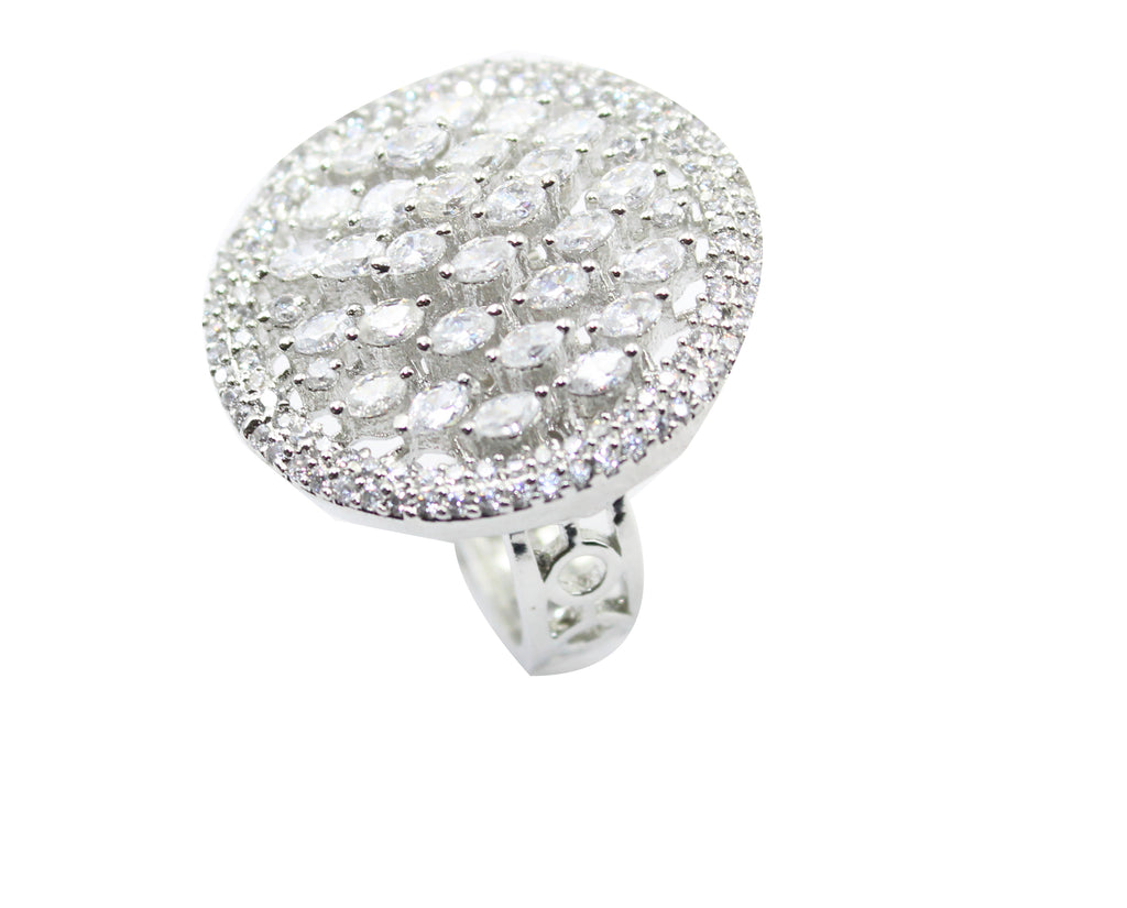 Sterling Silver Round CZ Cluster Statement  Adjustable Open Band Diamond Look Cocktail Ring