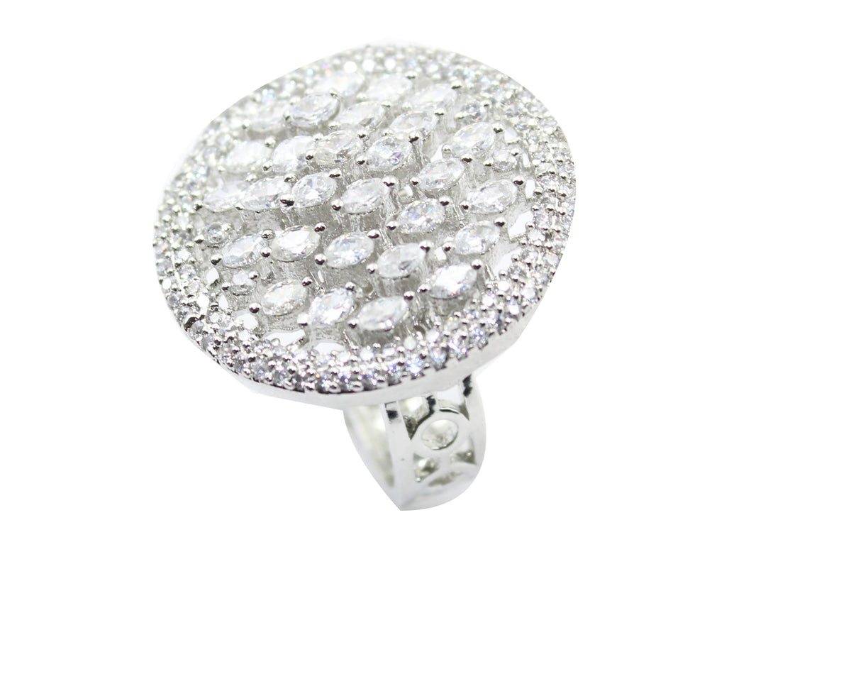 Sterling Silver Round CZ Cluster Statement  Adjustable Open Band Diamond Look Cocktail Ring