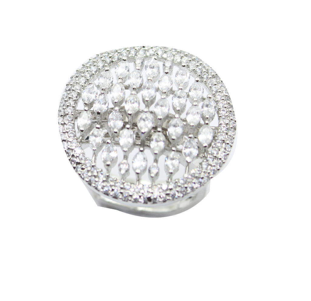 Sterling Silver Round CZ Cluster Statement  Adjustable Open Band Diamond Look Cocktail Ring
