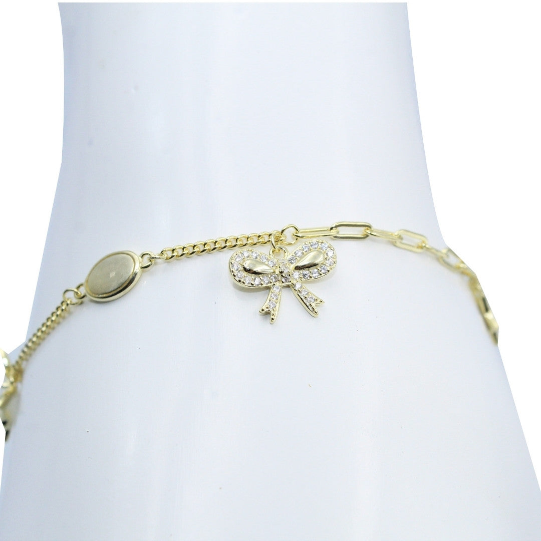 Gold Bow Bracelet: Dainty Cubic Zirconia, 925 Sterling Silver, Adjustable