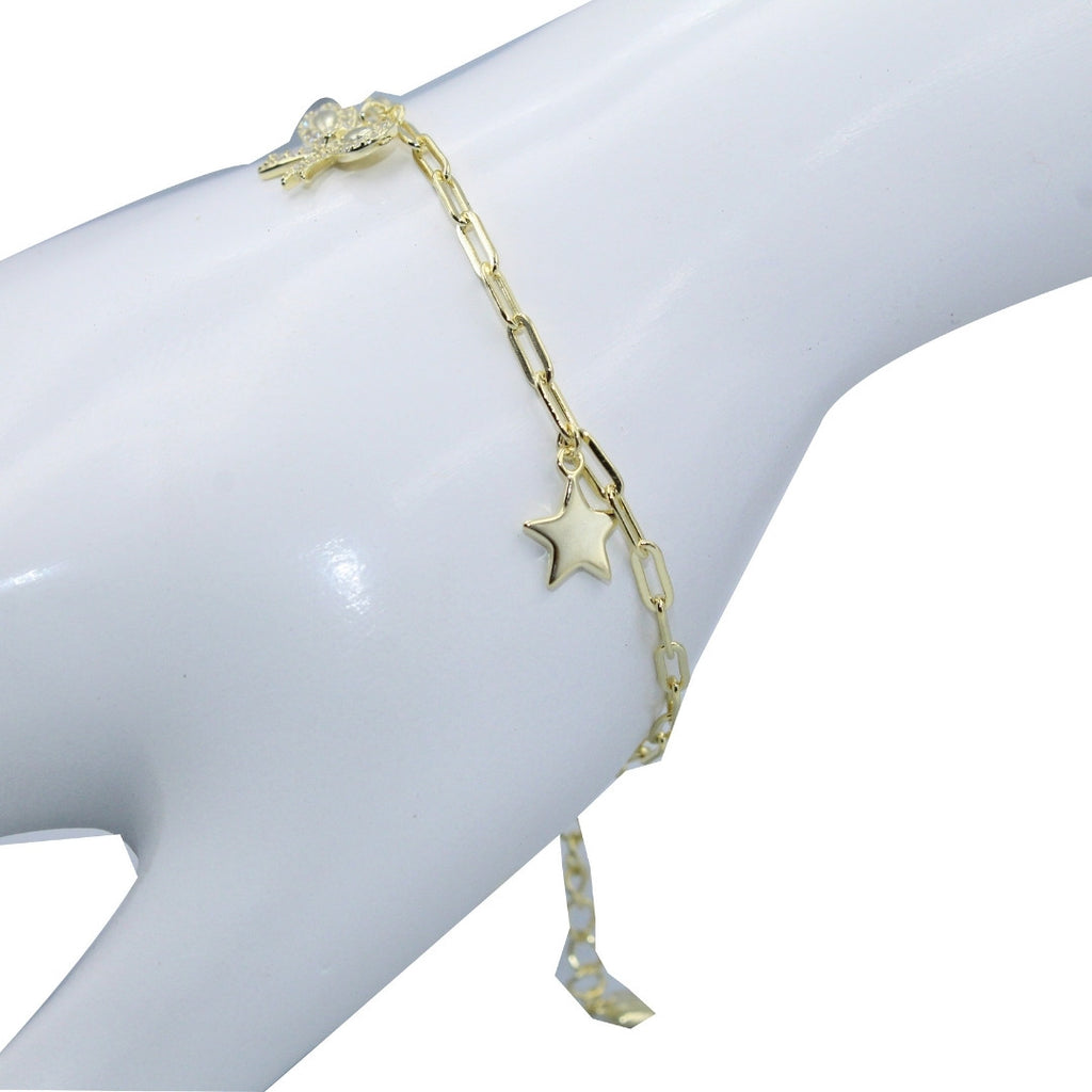 Gold Bow Bracelet: Dainty Cubic Zirconia, 925 Sterling Silver, Adjustable