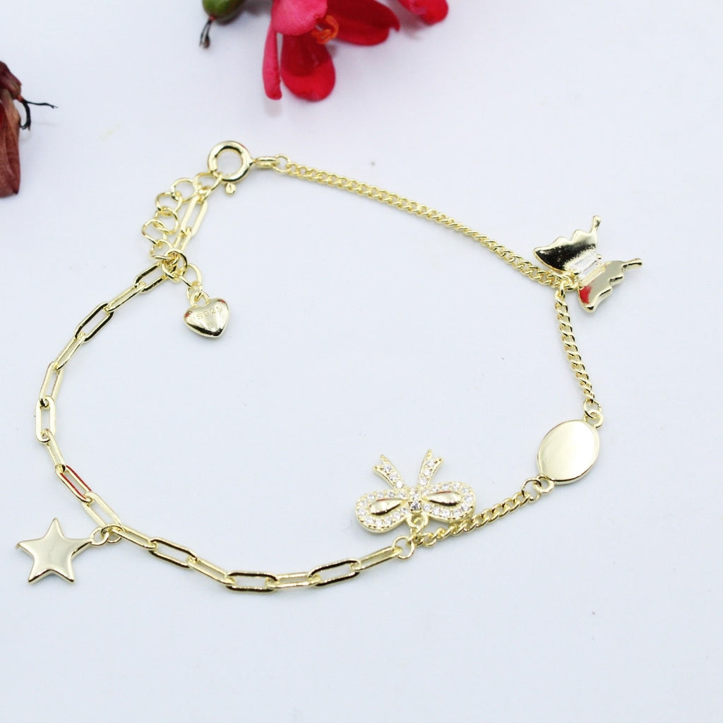 Gold Bow Bracelet: Dainty Cubic Zirconia, 925 Sterling Silver, Adjustable