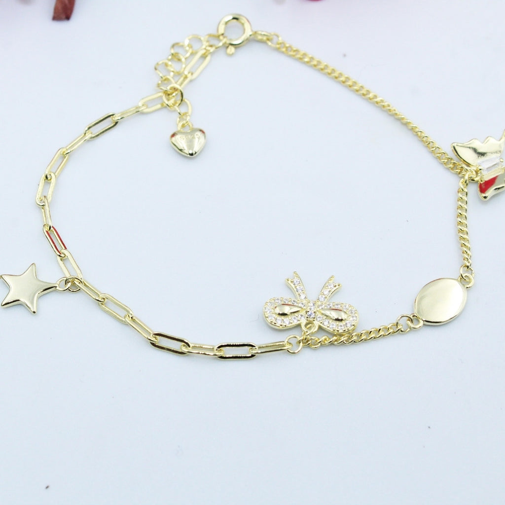 Gold Bow Bracelet: Dainty Cubic Zirconia, 925 Sterling Silver, Adjustable