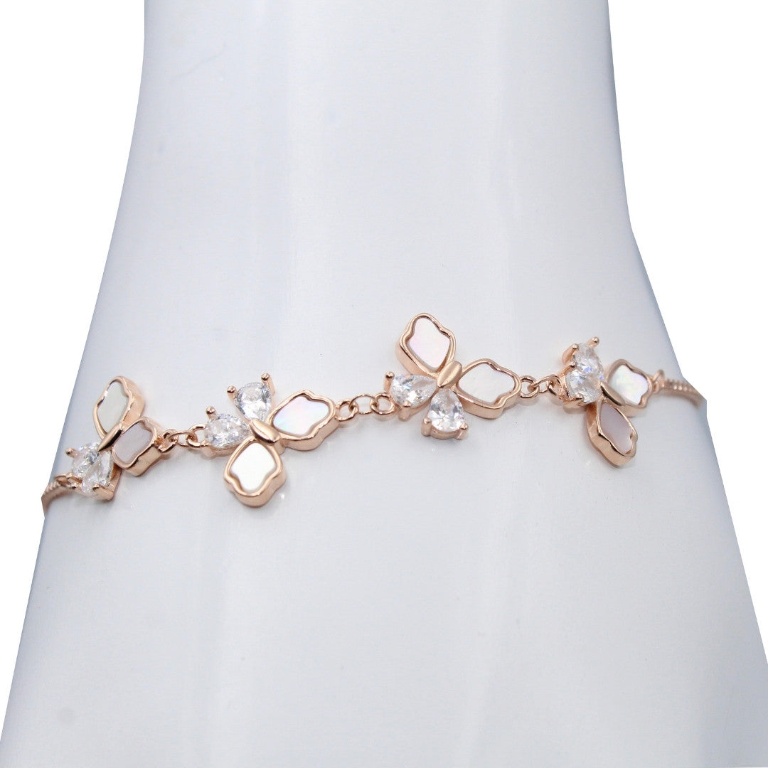 Rose Gold Flower Shape Adjustable Bracelet: Mother of Pearl, Crystal 925 Sterling Silver
