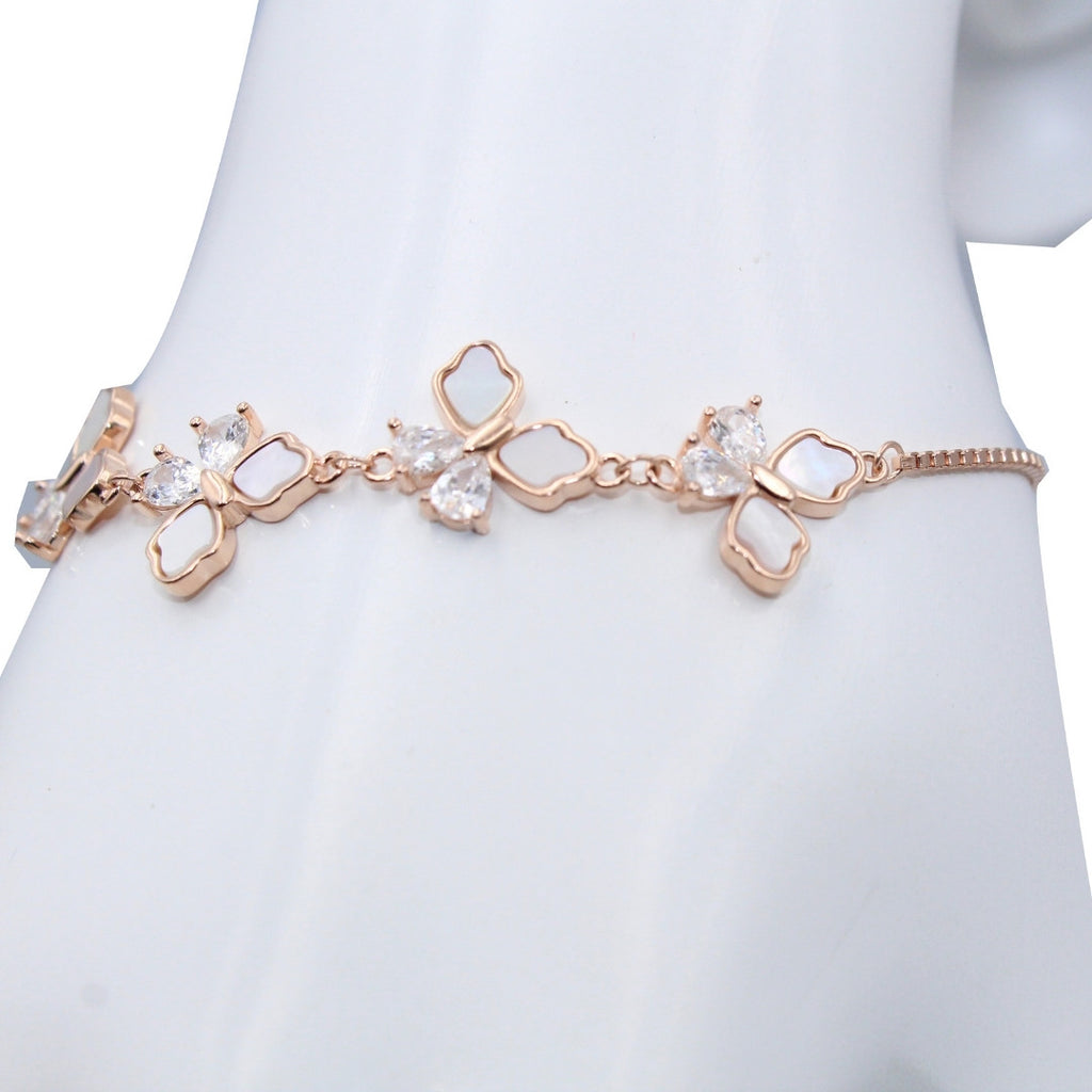 Rose Gold Flower Shape Adjustable Bracelet: Mother of Pearl, Crystal 925 Sterling Silver