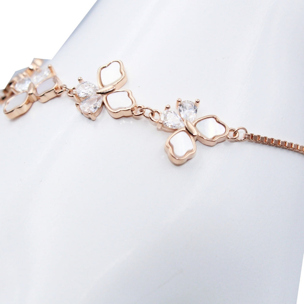 Rose Gold Flower Shape Adjustable Bracelet: Mother of Pearl, Crystal 925 Sterling Silver