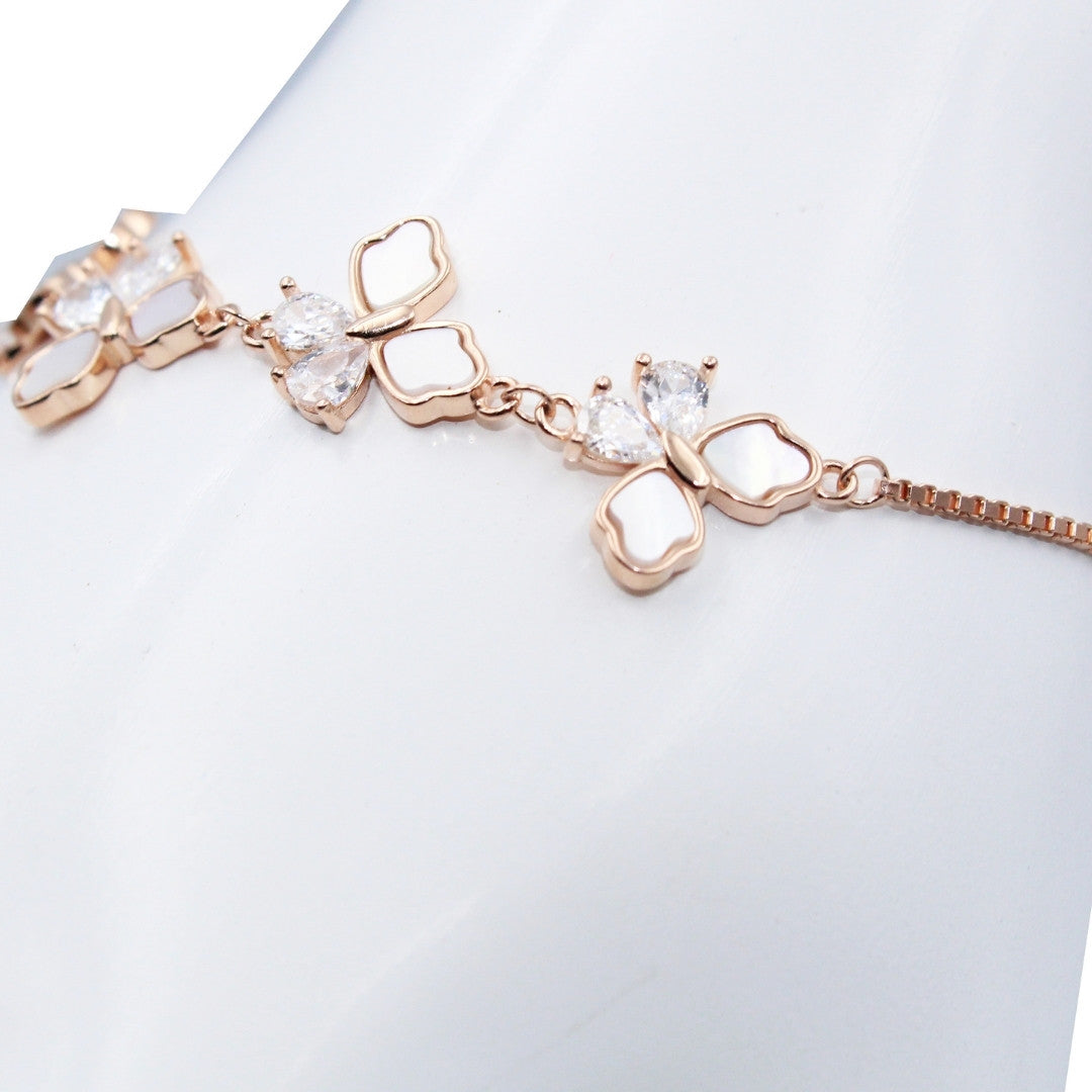 Rose Gold Flower Shape Adjustable Bracelet: Mother of Pearl, Crystal 925 Sterling Silver