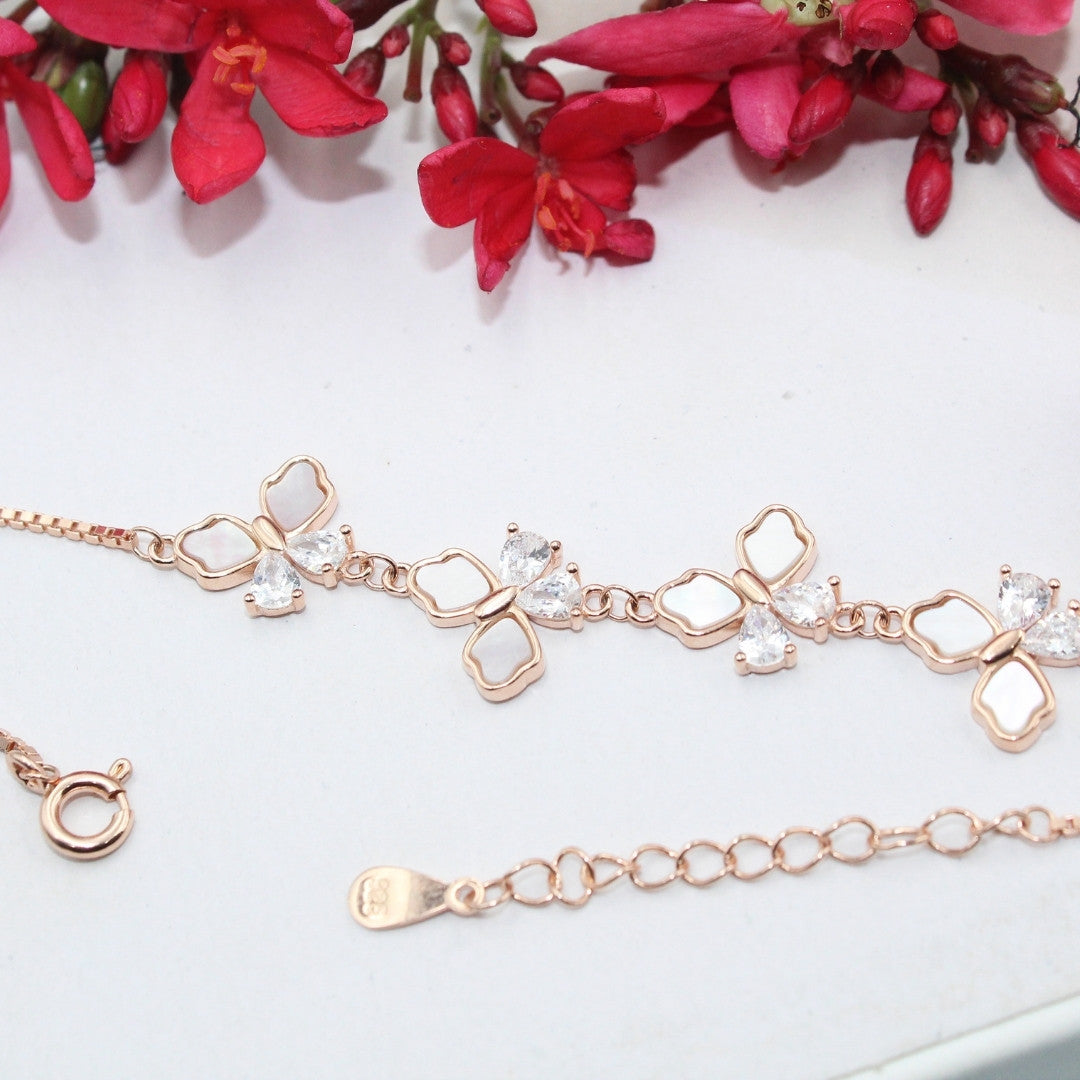 Rose Gold Flower Shape Adjustable Bracelet: Mother of Pearl, Crystal 925 Sterling Silver