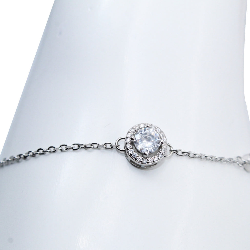 Dainty Solitare Cubic Zirconia Halo Bracelet: 925 Sterling Silver Adjustable Chain