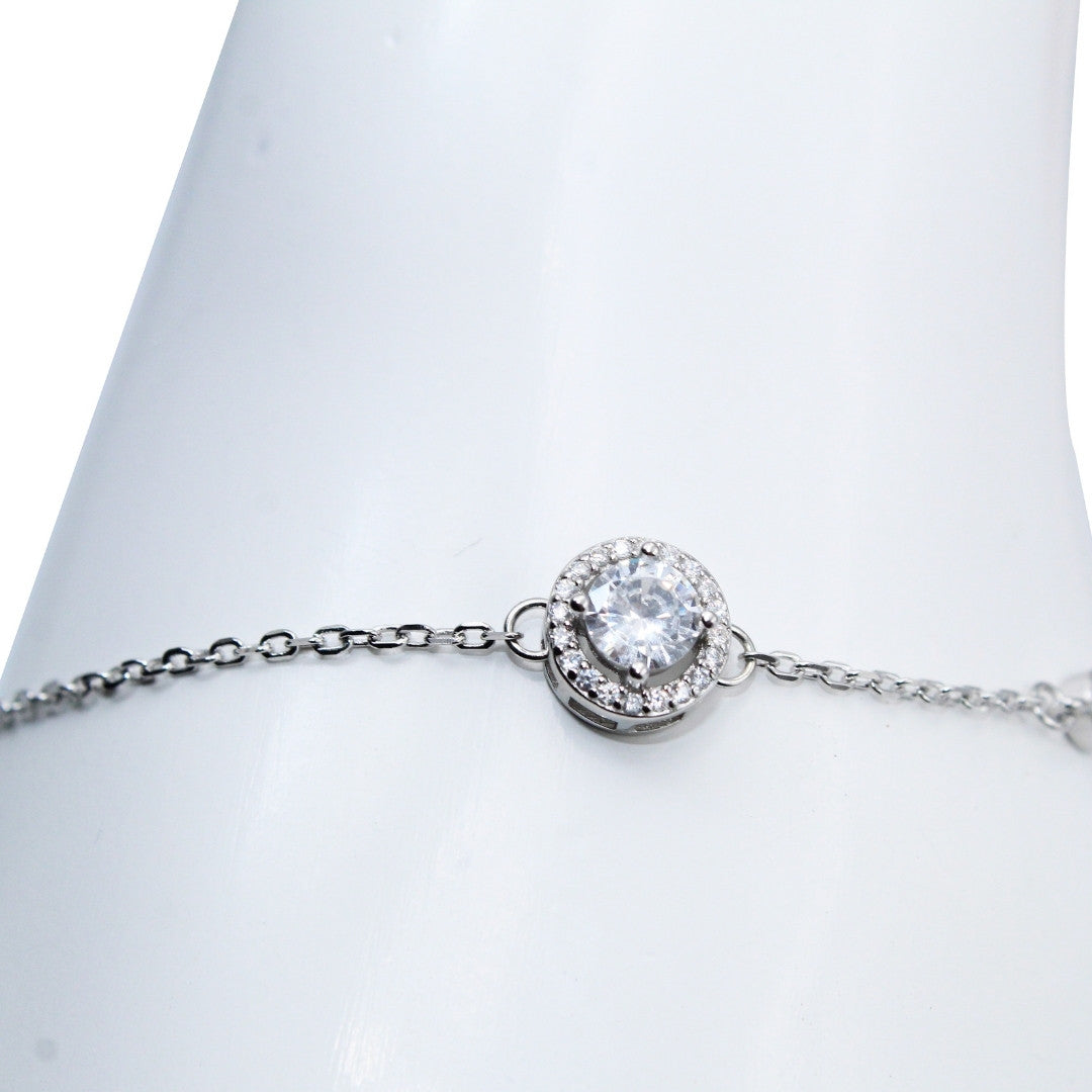 Dainty Solitare Cubic Zirconia Halo Bracelet: 925 Sterling Silver Adjustable Chain