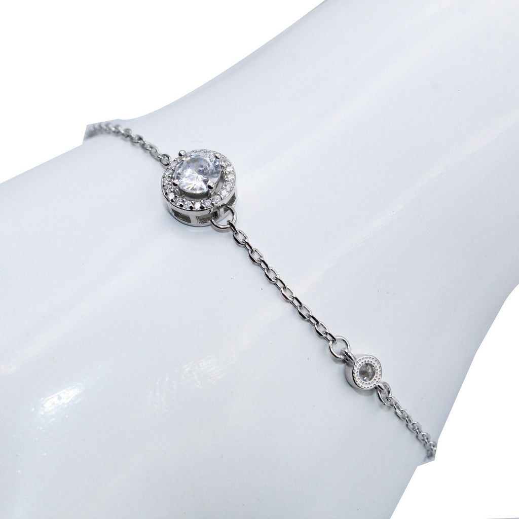 Dainty Solitare Cubic Zirconia Halo Bracelet: 925 Sterling Silver Adjustable Chain